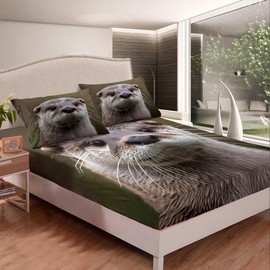 Kids Fitted Sheet Boys Girls Cute Otter Bedding Set 3D Wild Animal Bed Sheet Set for Children Teens Room Decor Lightweight Wildlife Style Bed Cover Twin Size with 1 Pillow Case