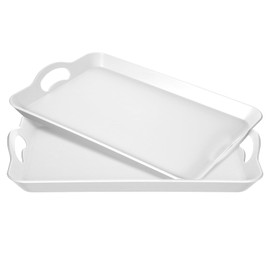 2 Pack Melamine Serving Trays with Handles, Large White Rectangular Serving Platter, Unbreakable, Suitable for Salad, Meat, Fruit Dessert, Cupcakes, Dishwasher Safe, 16.5×11×1.26 Inches