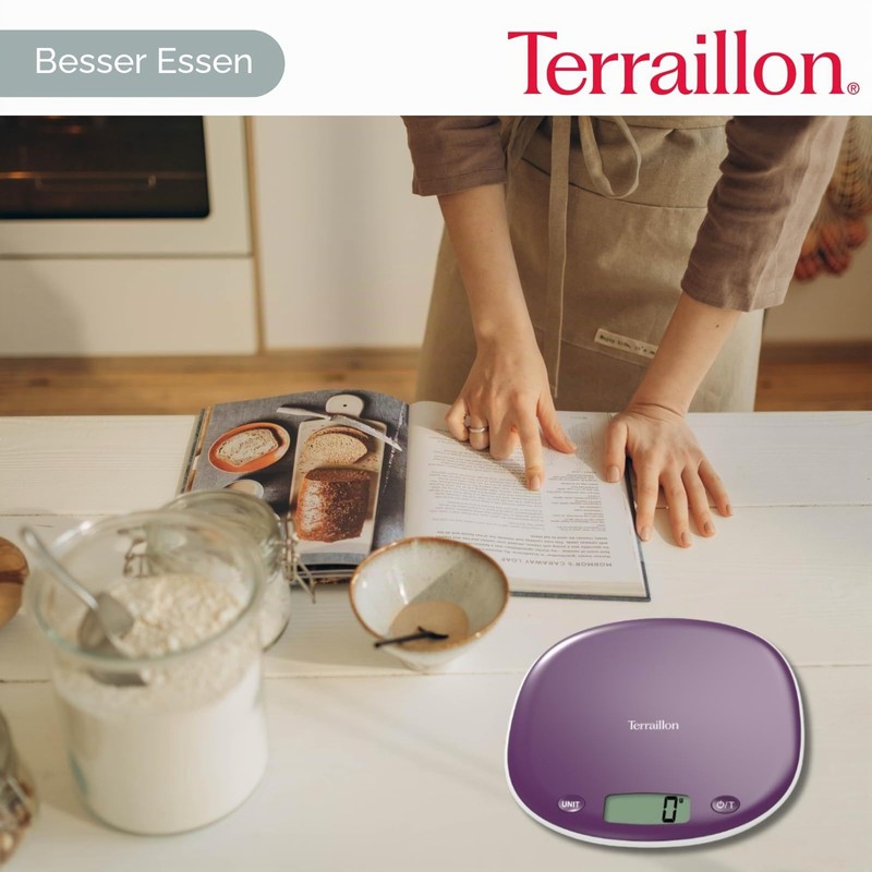 TERRAILLON Electronic Kitchen Scales - Tare Liquid Conversion, Integrated Handle,