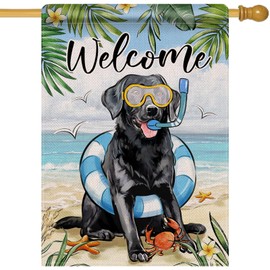 Artofy Welcome Spring Summer Black Labrador Dog Large Decorative House Flag, Pet Beach Coastal Yard Garden Outside Decor Dog Lover Gifts, Swim Ring Nautical Outdoor Home Decoration Double Sided 28x40