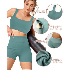 AURUZA Workout Sets for Women Two Piece Sets for Women Summer Seamless Ribbed High Waist Leggings with Sports Bra Crop Tank Gym Yoga Sets, Blue, M