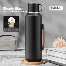 Simcat 1500ml Thermal Flask, 50.7 oz with Handle 316 Stainless Steel Vacuum Insulated Water Bottle, 24hr Keep Hot/Cold, Black Travel Tumbler, Daily Commute