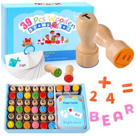 MeCids Wooden Alphabet Number Stamp for Kids - Educational Learning Toy Stamp for Playdough with 26 Letters, Numbers 0-9, Flashcards - ABC Spelling and Math Learning Toddler (Alphabet Number-39 Pcs)