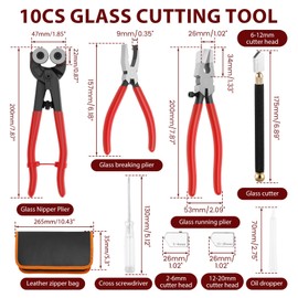10PCS Glass Cutting Tools Kit,Glass Cutter 2-20mm with Glass Running Pliers Breaking Pliers Wheeled Tile Nippers Curved Jaws Mosaic Tools Smooth Cutting for Stained Glass Mosaics Mirror Tiles DIY Cut