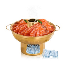 8.6 in 304 Stainless Steel Shrimp Cocktail Serving Dish, Groove Hotpot Chilled Serving Tray Gold with Ice Button, Cold Fruit Platter Tray for Parties Drinks Veggies Seafood Salad Sushi (Gold)