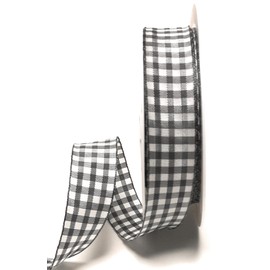 s.dekoda Ribbon 20 m x 25 mm Grey Anthracite - White Checked Ribbon Checked Vichy Check Decorative Ribbon with Wire [3850]