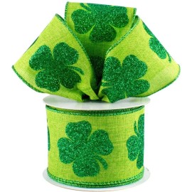 Green Glitter Clovers Wired Ribbon - 2 1/2" x 10 Yards, St. Patrick's Day, Earth