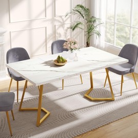 Tribesigns Gold Dining Dinner Table: 55 Inches Modern White Dining Room Table with Golden Legs, Faux Marble Small Kitchen Table for 6, Rectangular Dining Table for Apartment