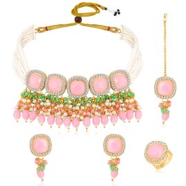 Aheli Necklace Set Mint & Pink Crystal & Beads Studded with Drop Earrings Maangtikka & Ring Ethnic Fashion Jewellery Gift for Women
