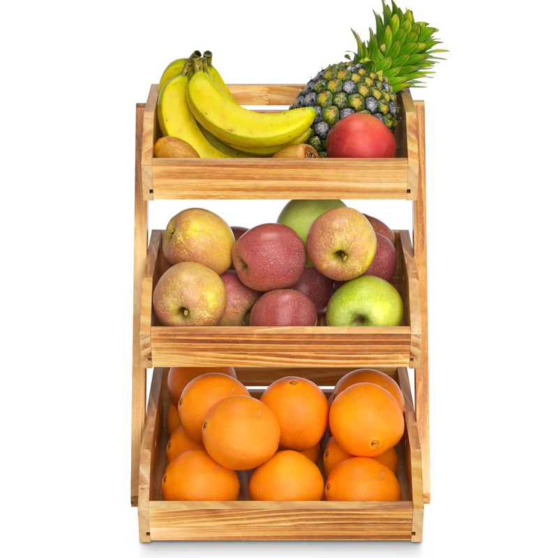 Merysen 3 Tier Wooden Fruit Basket For Kitchen, Bread Vegetable