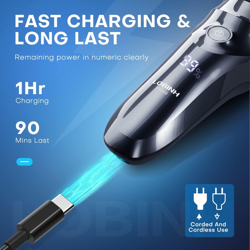 LOBINH Electric Shaver for Men, 100% Washable Rechargeable Waterproof Electric