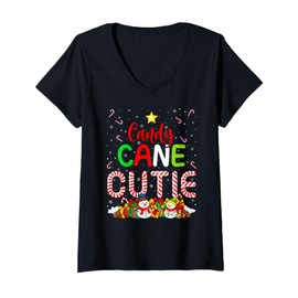 Womens Candy Cane Cutie Christmas Pajama Costume Adults and Kids V-Neck T-Shirt
