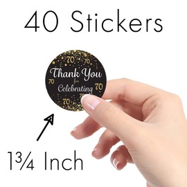 Black and Gold 70th Birthday Thank You Stickers - 1.75 in - 40 Labels