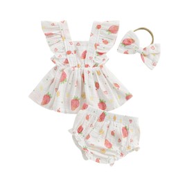 Baby Girl Summer Outfit Strawberry/Cherry/Lemon Smocked Tunic Tops Ruffle Bloomer Shorts Headband Cute 3Pcs Newborn Coming Home Summer Clothes 0-18M (White, 12-18 Months)