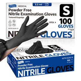Supmedic Disposable Nitrile Gloves, Chemical Resistant, Powder-Free, Latex-Free, Food Safe, Medical Exam Gloves, Black, Small, 100 Pcs