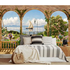 Jdayda Garden Wallpaper Seascape Sailboat Wall Mural for Bedroom Living Room (Not Self-Adhesive)