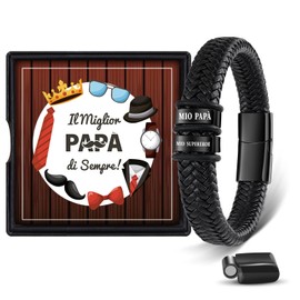 BOCHOI Father's Day Men's Fine Leather Bracelet with Stainless Steel Jewellery, Black Engraved Gift for Daughter and Son to Dad, Birthday Gift, Stainless Steel