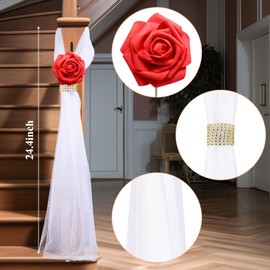 Wedding Aisle Decorations for Ceremony Set of 24 Wedding Chair Pew Flowers Church Decorations with Artificial White Roses Flowers and Rhinestone for Weddings Party Bench Aisle (White with Red Roses)