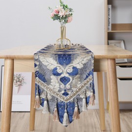 Luxury Vintage Embroidery Jacquard Floral Table Runner with Multi-Tassels for Dining Wedding Christmas (11x82 inch, Blue)