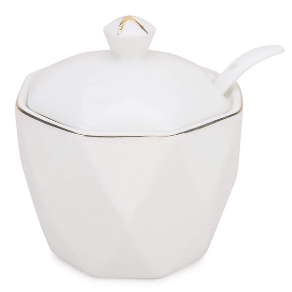 Chase Chic Sugar Bowl with Lids and Spoon, Ceramic Sugar Canister Vintage Sugar Pot with Rhombus Golden Trim for Home Kitchen, 11.8 oz/White