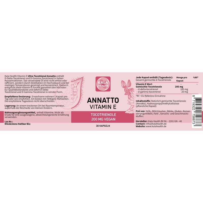 Annatto Tocotrienole 200mg Vegan Kala Health Vitamin E Supplement, Tocopherol