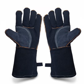 YOUYA Extreme Heat & Fire Resistant Gloves Leather with Kevlar Stitching,Perfect for Fireplace, Stove, Oven, Grill, Welding, BBQ, Mig, Pot Holder, Animal Handling, Black-Grey 14in/35cm