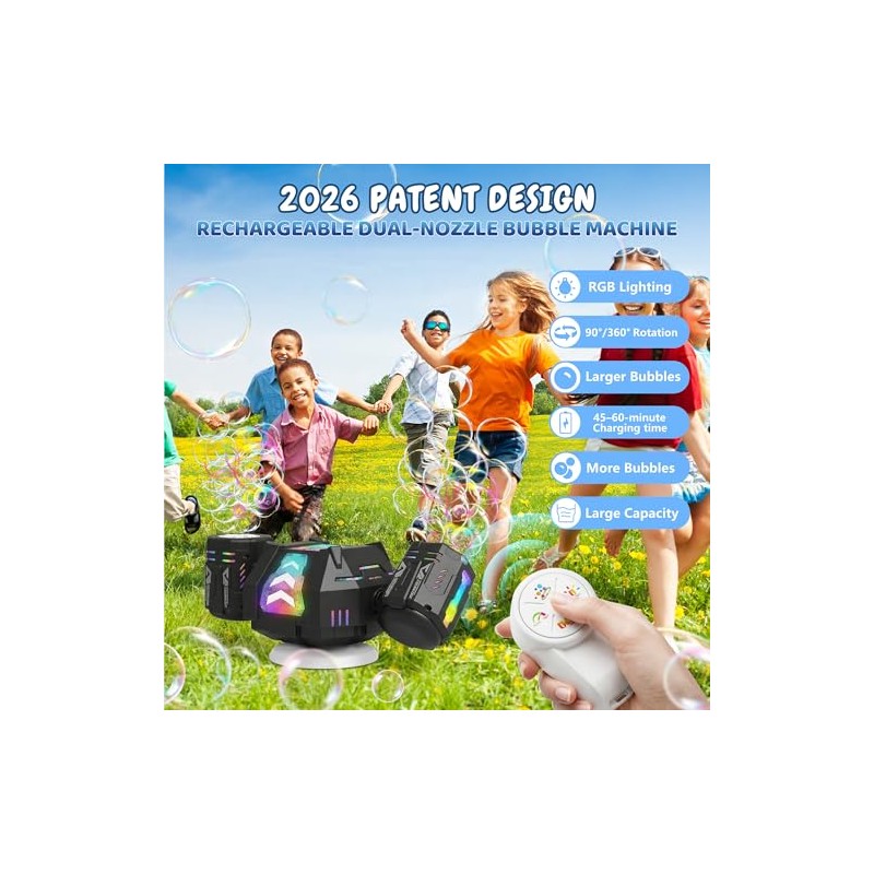 Bubble Machine, Rechargeable Dual-Nozzle Bubble Machine with Remote Control, 30000+
