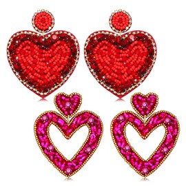 VOGUEKNOCK 2 Pairs Valentine's Day Heart Earrings Beaded Rhinestone Heart Statement Drop Earrings Valentine's Day Gifts for Women (Red,Hot Pink)