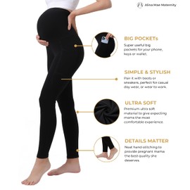 Maternity Leggings Pregnant Over-Bump Pant with Pockets Stretch for Workout Yoga (Black - Large)