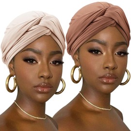 DRESHOW Hair Wrap for Women Ribbed Soft Turban Stretch Jersey Headscarf Breathable Lightweight Turban Plain, 2 Pcs 87-T08