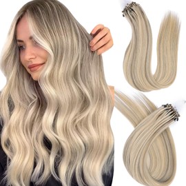 DIYOMO Microlink Hair Extensions Human Hair #16/60 Ash Blonde Highlighted Platinum Blonde 22 inch Smooth and Invisible Micro Loop Remy Hair 30g/pack Micro Link Microbead Human Hair Extensions