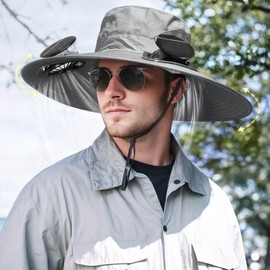 Solar Powered Fan Hat for Men Women Wide Brim Hat with 2 Fans UPF 50+ Outdoor Fishing Beach Sun Hat Light Gray