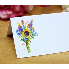Wildflower Place Cards - Wedding/Dinner Party Guest Table Name Card - Yellow Green White - Pack of 12
