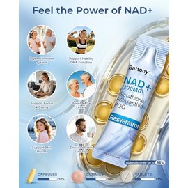 Battony Suplemento líquido NAD+ de 1200 mg – Paquetes líquidos de alta absorción con NMN, resveratrol, glutatión, PQQ – Aumenta la energía celular y e