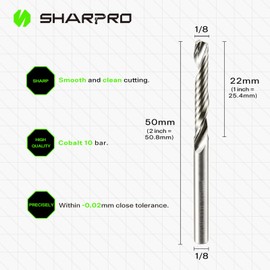 SHARPRO O Flute Upcut Spiral Rouer Bits 1/8 Inch Shank 1/8 Inch Cutting Dia. Carbide Single Flute CNC Router Bits, Ideal for Aluminum, Plastic, Acrylic, Wood, MDF and PVC (5PCS)