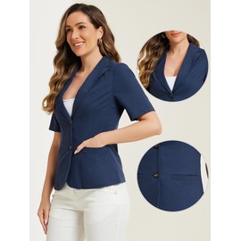 Allegra K Blazer for Women's Short Sleeve Button Front Cotton Linen Lapel Collar Work Office Casual Blazer Coat Dark Blue L