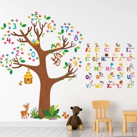 Zonon 3 Sheets Animal Alphabet and Numbers Tree Wall Decals Learning ABC Letters Birds Numbers Peel and Stick Wall Decals Home Bedroom Playroom Nursery Home Decor