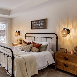 Zswanbei Boho Rattan Wall Sconces Set of Two Bedside Wall Lamp Hardwired Hand-Woven Farmhouse Wall Sconce Indoor Wall Lights for Bedroom Bathroom Living Room, E26