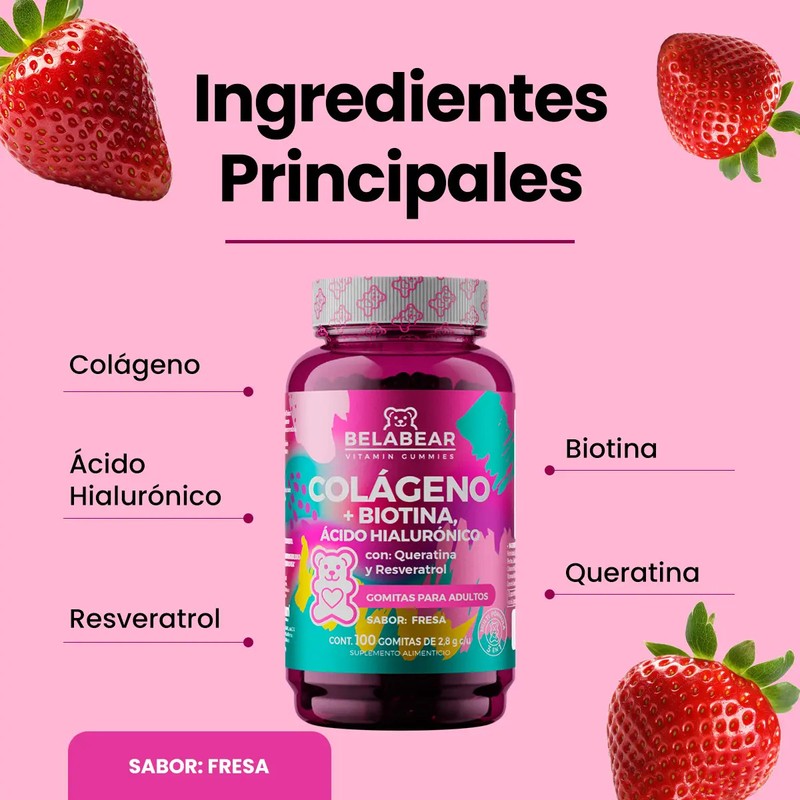 Belabear Colágeno Biotina Y Ácido Hialurónico 100 Gomitas Sabor Fresa