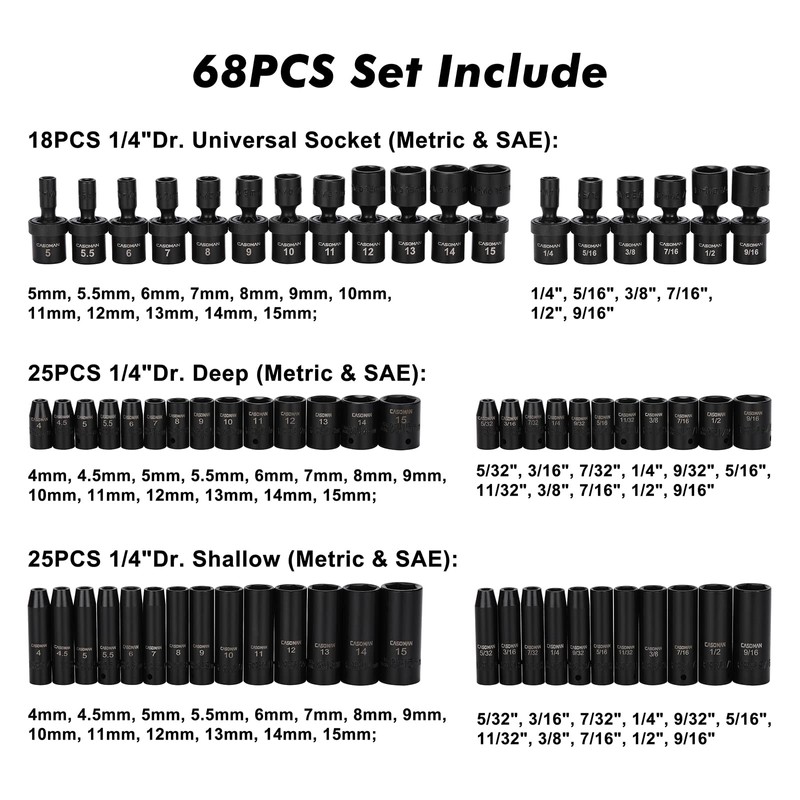 CASOMAN 1/4 Inch Drive Master Impact Socket Set with Adapters,