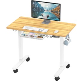 SHW 40-Inch Mobile Electric Height Adjustable Sit to Stand Desk with Drawer, Hanging Hooks and Cable Management, Oak