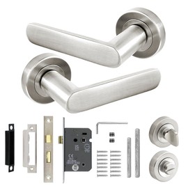 Decoranddecor Echo Satin Nickel Door Lever Handles - 54mm Round Rose - Aluminium - Bathroom Lock Kit