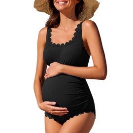 Summer Mae Ribbed Maternity One Piece Swimsuit Scalloped Cut Out Pregnancy Bathing Suit Square Neck Swimwear Black Medium