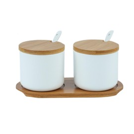 Ceramic Sugar Bowl, 250ml Sugar Pot with Spoon, Wooden Lid and Tray Spice Jar for Salt, Sugar, Coffee, Tea, Seasoning Box for Home Kitchen Coffee Bar, Set of 2 - White