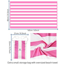 Victoper Microfiber Beach Towel Oversized Rapid Drying Sand Free Soft Compact Lightweight Qualities Beach Towels for Adults Ideal for Swimming Beach Yoga Camping Gym Carry Bag Pink Stripes 63x32 Inch