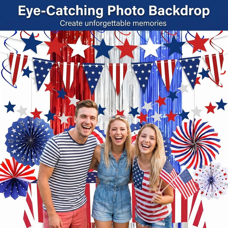 62PCS Patriotic Memorial Day Decorations Set,Red White Blue Paper Fans