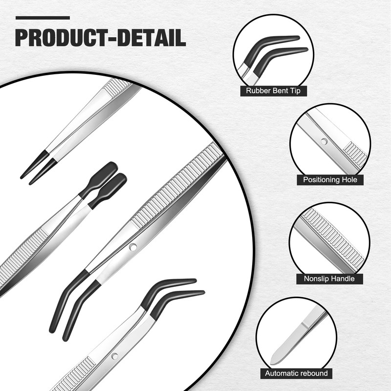 KUQIME4 Piece Rubber Tweezer Set, PVC Coated Tweezer Set, Straight
