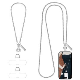 Derraffina Metal Phone Chain,Hands-Free Cell Phone Chain Crossbody Detachable Phone Strap Fits for Smartphone,1* Phone Lanyard,1*Phone Wristlet Strap,2*Cell Phone Tether Tabs (Silver,Long)