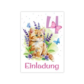 Minkocards 8 Invitation Cards Including 8 Envelopes for 4th Children's Birthday Girl Cat Kitten Invitation Set
