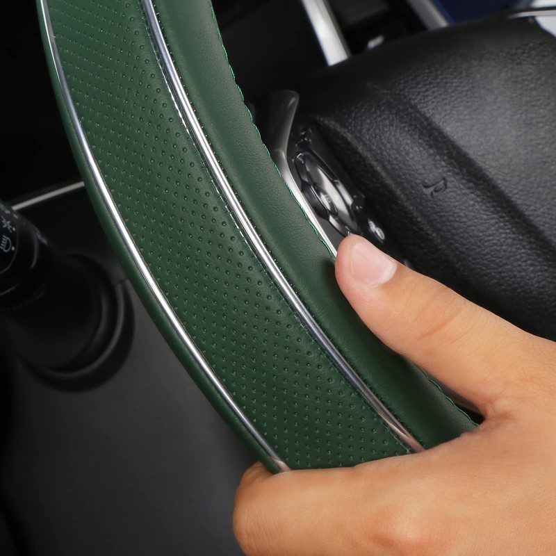 ALEMODR Green Leather Steering Wheel Cover Fiber Strip Car Steering